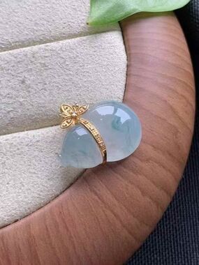 18k Gold Clasp,Authentic Untreated Jade Floating Flower Mini Gourd Pendant